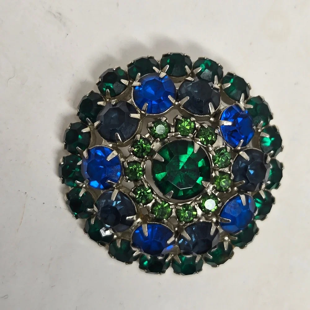 Vintage Austrian Blue Green Rhinestone Domed Brooch Mid Century Peacock Pin